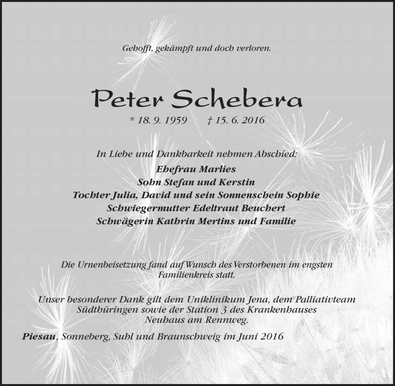  Traueranzeige für Peter Schebera vom 24.06.2016 aus Südthüringer Presse