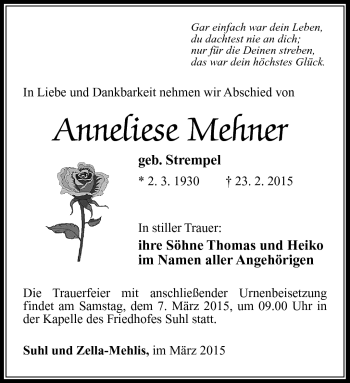 Traueranzeige von Anneliese Mehner von Südthüringer Presse