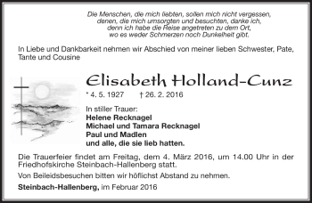 Traueranzeige von Elisabeth Holland-Cunz von Südthüringer Presse