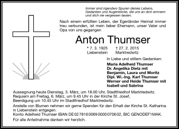 Traueranzeige von Anton Thumser von Frankenpost