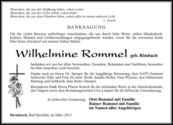 Traueranzeige von Wílhelmine Rommel von Südthüringer Presse