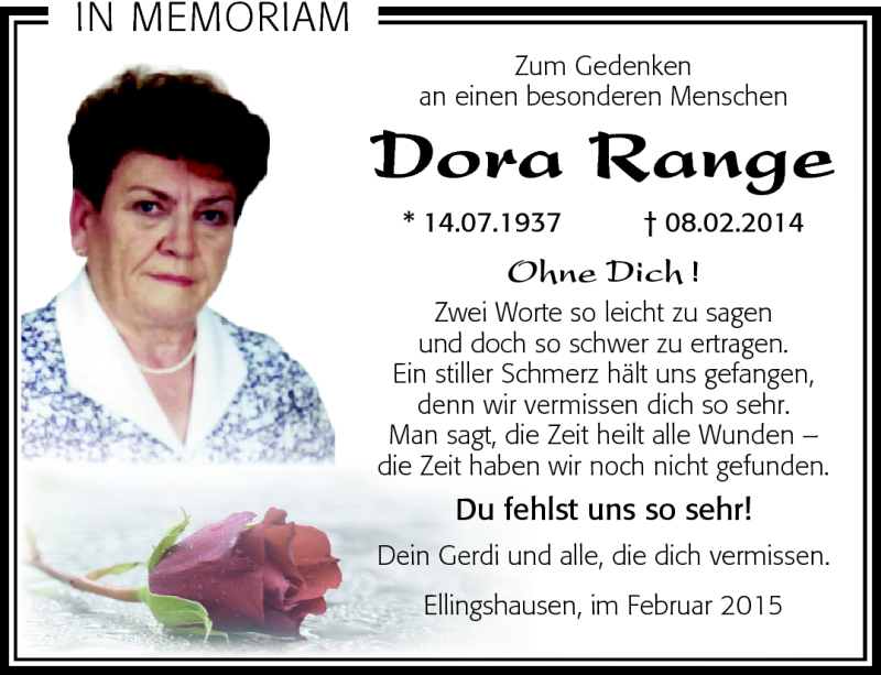 Traueranzeige für Dora Range vom 07.02.2015 aus Südthüringer Presse