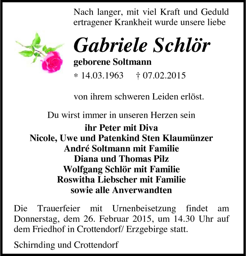  Traueranzeige für Gabriele Schlör vom 20.02.2015 aus Frankenpost