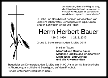 Traueranzeige von Herbert Bauer von Frankenpost