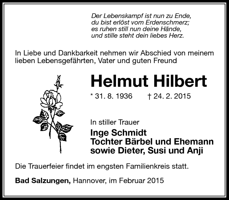  Traueranzeige für Helmut Hilbert vom 03.03.2015 aus Südthüringer Presse