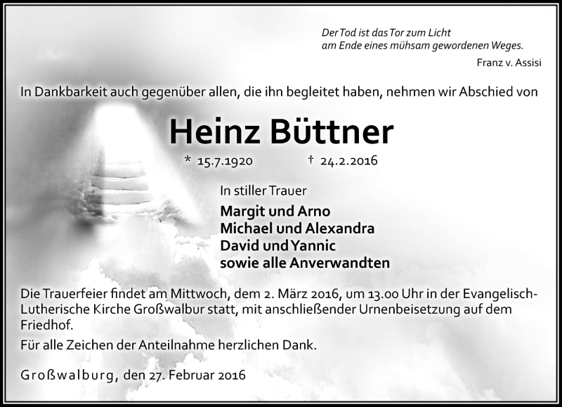  Traueranzeige für Heinz Büttner vom 27.02.2016 aus Neue Presse Coburg