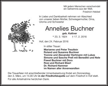Traueranzeige von Annelies Buchner von Frankenpost