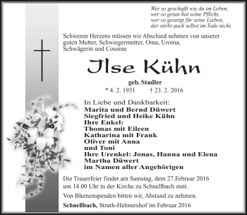 Traueranzeige von Ilse Kühn von Südthüringer Presse