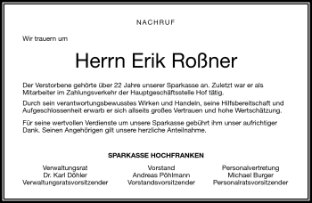 Traueranzeige von Erik Roßner von Frankenpost