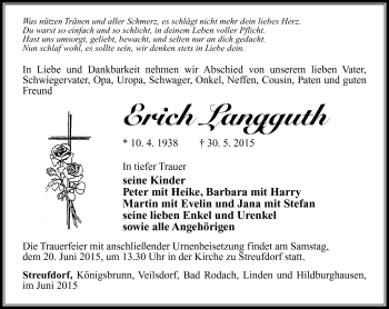 Traueranzeige von Erich Langguth von Südthüringer Presse
