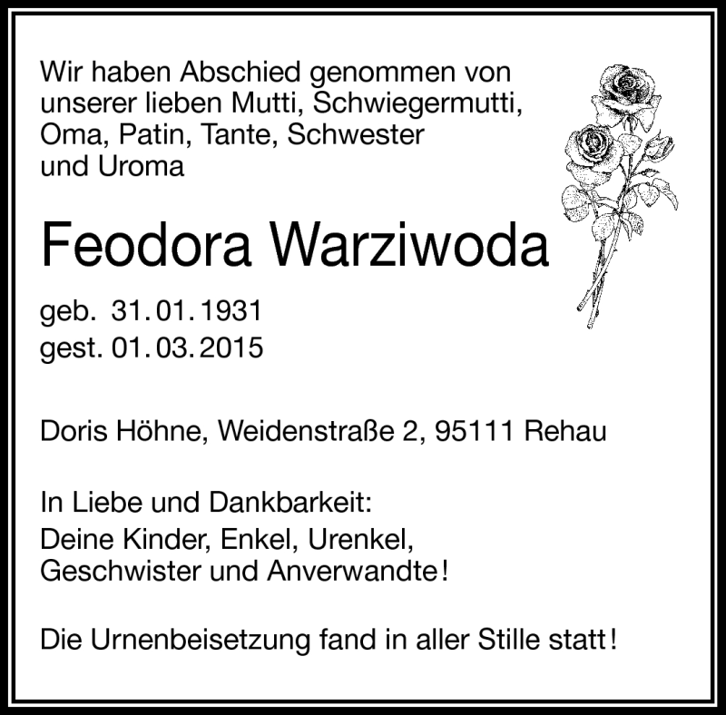  Traueranzeige für Feodora Warziwoda vom 20.03.2015 aus Frankenpost