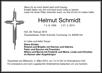 Traueranzeige von Helmut Schmidt von Frankenpost