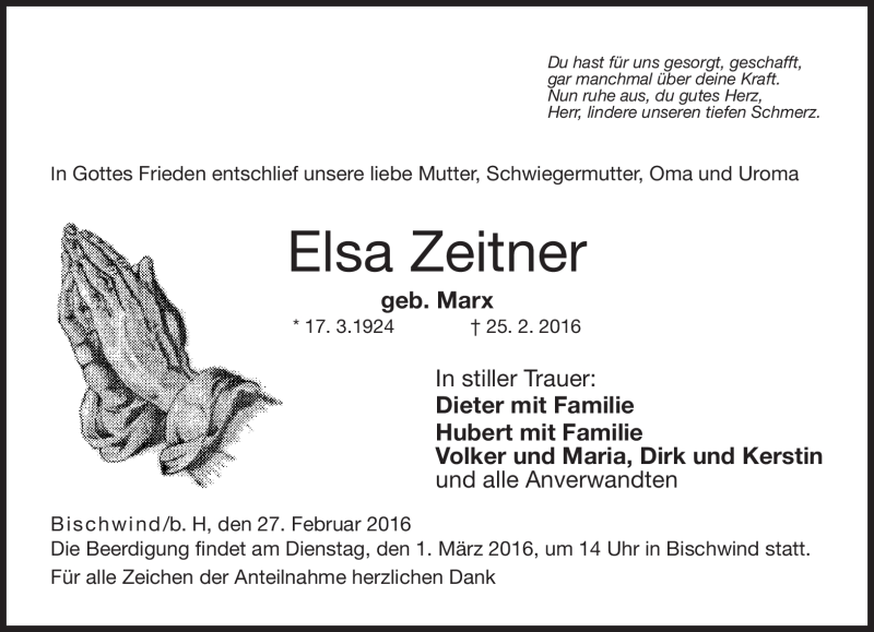  Traueranzeige für Elsa Zeitner vom 27.02.2016 aus Neue Presse Coburg