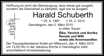 Traueranzeige von Harald Schuberth von Frankenpost