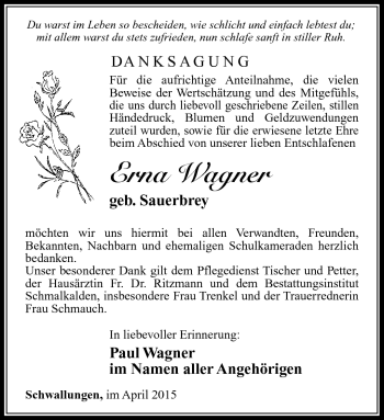 Traueranzeige von Erna Wagner von Südthüringer Presse
