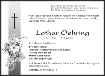 Traueranzeige von Lothar Oehrinh von Südthüringer Presse