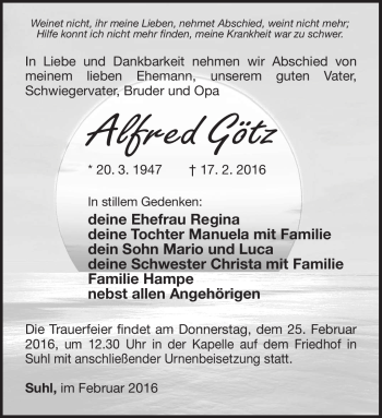 Traueranzeige von Alfred Götz von Südthüringer Presse