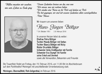 Traueranzeige von Hans-Jürgen Böttger von Südthüringer Presse