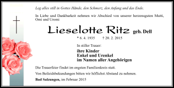 Traueranzeige von Lieselotte Ritz von Südthüringer Presse