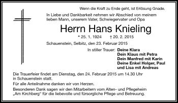 Traueranzeige von Hans Knieling von Frankenpost