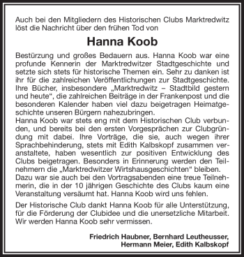 Traueranzeige von Hanna Koob von Frankenpost