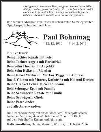 Traueranzeige von Paul Bohnmag von Südthüringer Presse