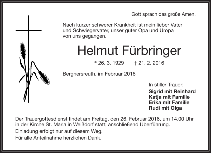  Traueranzeige für Helmut Fürbringer vom 24.02.2016 aus Frankenpost