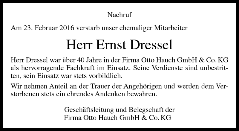  Traueranzeige für Ernst Dressel vom 26.02.2016 aus Neue Presse Coburg