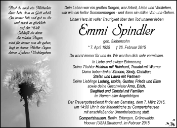 Traueranzeige von Emmi Spindler von Südthüringer Presse