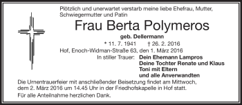 Traueranzeige von Berta Polymeros von Frankenpost