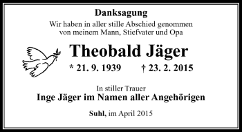 Traueranzeige von Theobald Jäger von Südthüringer Presse