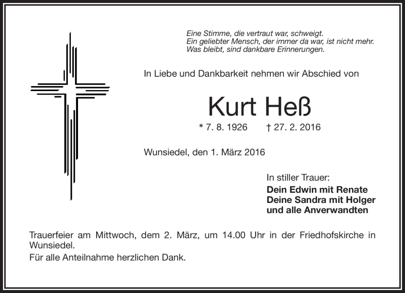  Traueranzeige für Kurt Heß vom 01.03.2016 aus Frankenpost