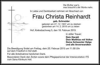 Traueranzeige von Christa Reinhardt von Frankenpost