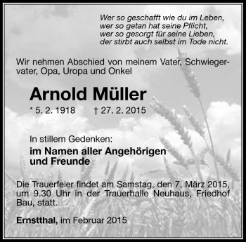 Traueranzeige von Arnold Müller von Südthüringer Presse