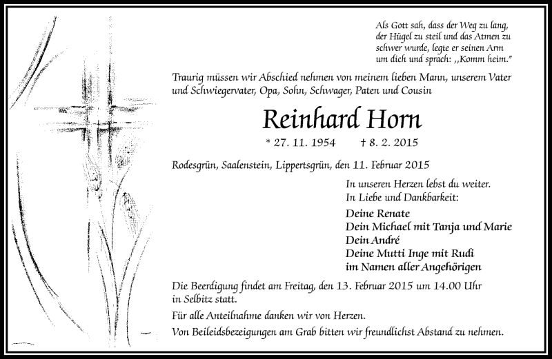  Traueranzeige für Reinhard Horn vom 11.02.2015 aus Frankenpost