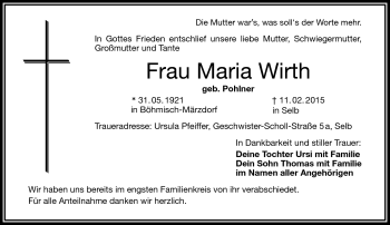 Traueranzeige von Maria Wirth von Frankenpost