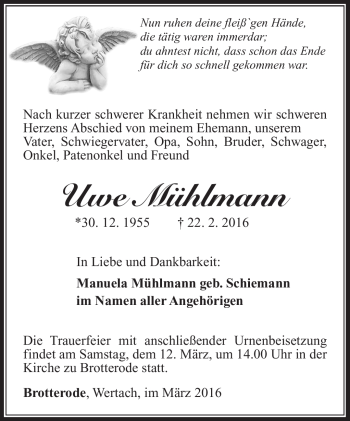 Traueranzeige von Uwe Mühlmann von Südthüringer Presse