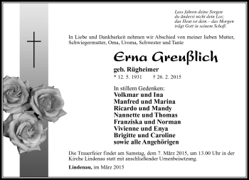Traueranzeige von Erna Greußlich von Südthüringer Presse
