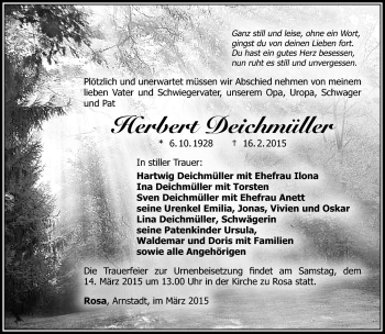 Traueranzeige von Herbert Deichmüller von Südthüringer Presse