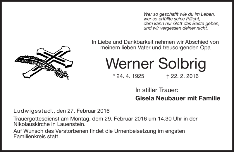  Traueranzeige für Werner Sobirg vom 27.02.2016 aus Neue Presse Coburg
