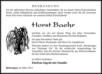 Traueranzeige von Horst Baehr von Südthüringer Presse