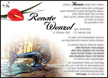Traueranzeige von Renate Wenzel von Südthüringer Presse
