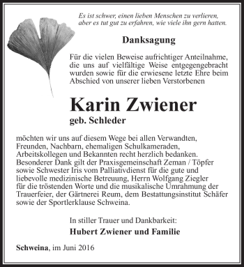 Traueranzeige von Karin Zwiener von Südthüringer Presse