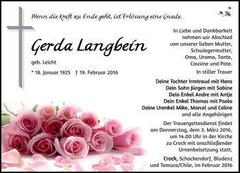 Traueranzeige von Gerda Langbein von Südthüringer Presse