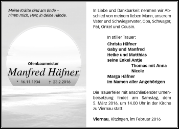 Traueranzeige von Manfred Häfner von Südthüringer Presse