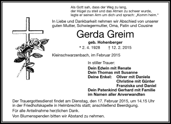 Traueranzeige von Gerda Greim von Frankenpost