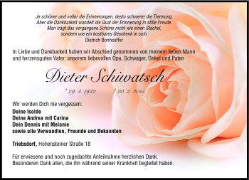 Traueranzeige von Dieterq Schiwatsch von Neue Presse Coburg