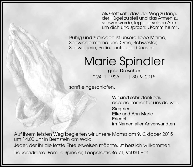  Traueranzeige für Marie Spindler vom 07.10.2015 aus Frankenpost