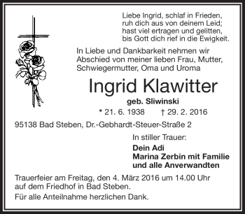 Traueranzeige von Ingrid Klawitter von Frankenpost
