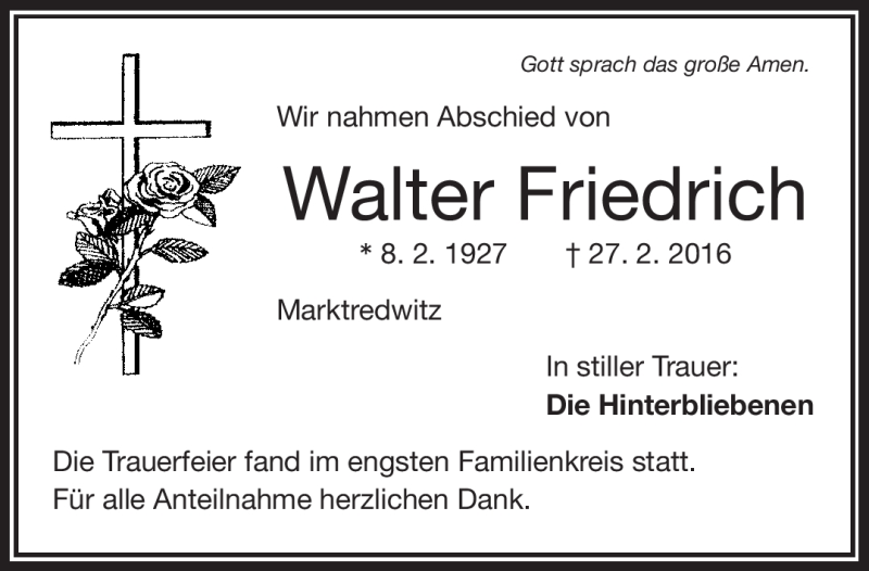  Traueranzeige für Walter Friedrich vom 12.03.2016 aus Frankenpost